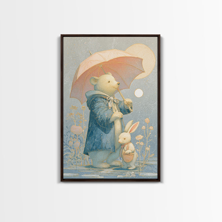 Bear and Rabbit Sharing Umbrella Canvas Print, Nursery Art, Nursery Decor, Fine Art, Nursery, Kids Wall Art, Woodland Nursery, NUR-2x3-49
