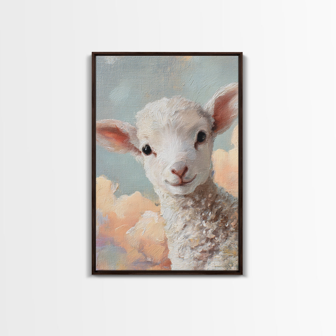 Little Lamb under a Starry Sky Framed Canvas Print, Nursery Art, Room Decor, Nursery Decor, Oil Painting, Nursery, NUR-2x3-51