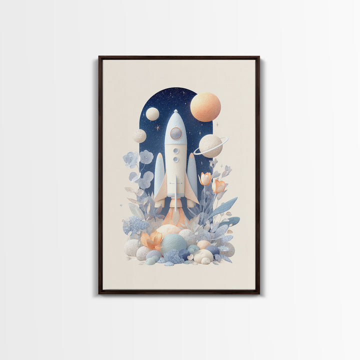 Rocket Ship and Smiling Planets Framed Canvas Print, Nursery Art, Nursery Wall Art, Nursery Decor, Oil Painting, Nursery, NUR-2x3-53