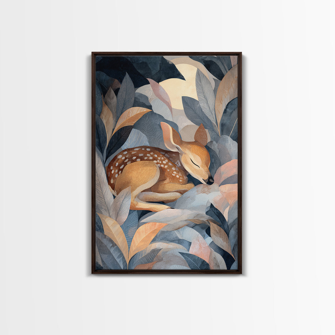 Deer Fawn Sleeping Framed Canvas Print, Nursery Art, Textured Painting, Nursery Decor, Fine Art, Nursery, Wall Art Print, NUR-2x3-55