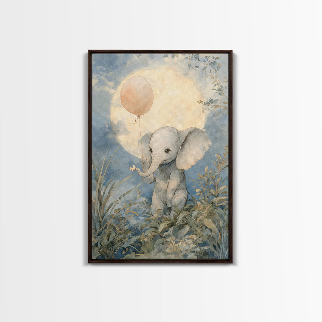 Sleepy Baby Elephant Holding a Tiny Balloon Canvas Print, Nursery Art, Playroom Decor, Nursery Decor, Oil Painting, Nursery, NUR-2x3-57