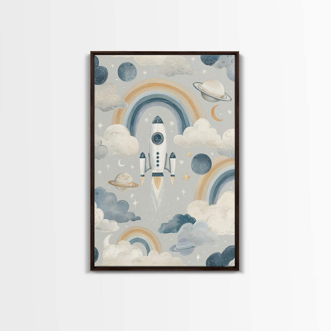 Rocket Ship and Smiling Planets Canvas Print, Nursery Art, Nursery Prints, Nursery Decor, Fine Art, Nursery, Kids Wall Decor, NUR-2x3-77