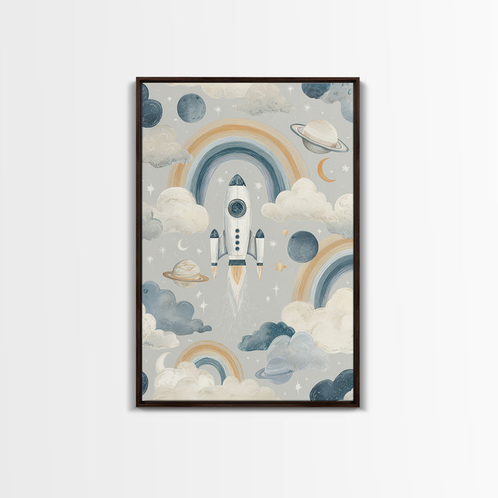 Rocket Ship and Smiling Planets Canvas Print, Nursery Art, Nursery Prints, Nursery Decor, Fine Art, Nursery, Kids Wall Decor, NUR-2x3-77