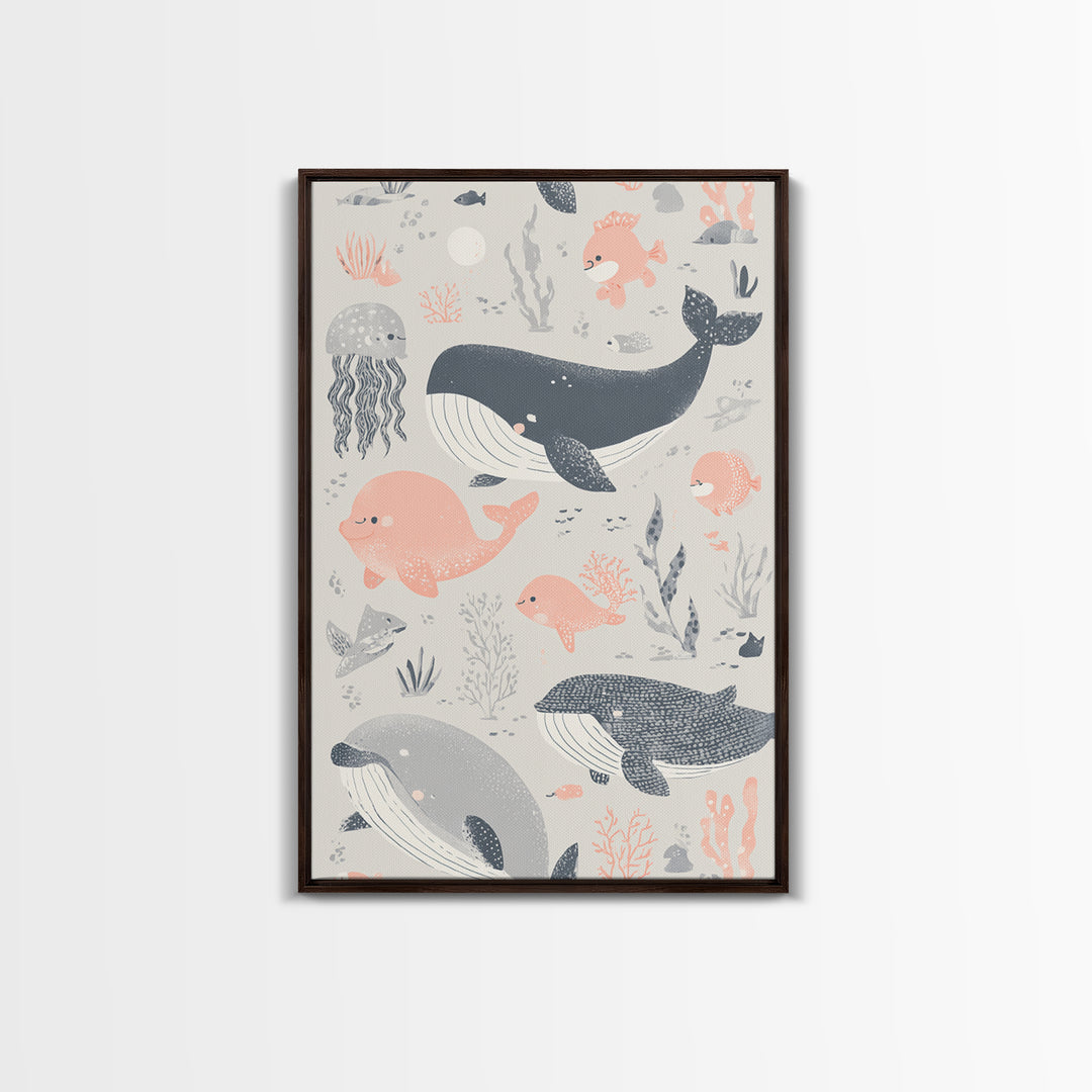 Friendly Ocean Creatures Framed Canvas Print, Nursery Art, Contemporary Art, Nursery Decor, Fine Art, Nursery, Nursery Prints, NUR-2x3-80
