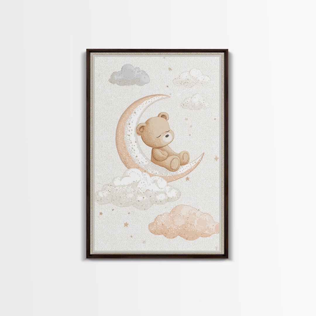 Baby Bear Floating on a Crescent Moon Canvas Print, Nursery Art, Nursery Decor, Abstract Art, Nursery, Kids Wall Art, NUR-2x3-86