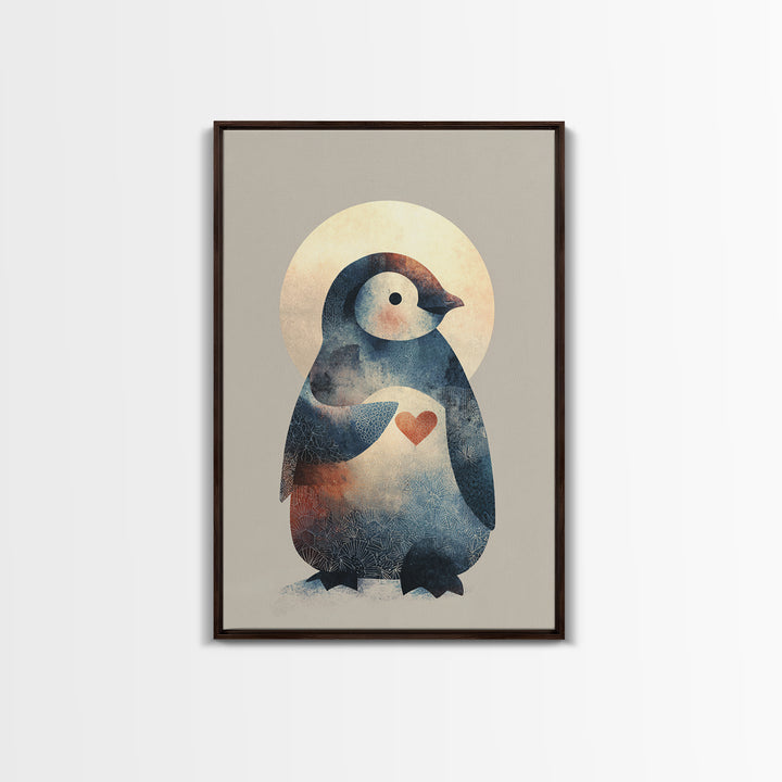 Penguin Holding a Little Heart Shape Framed Canvas Print, Nursery Art, Nursery Wall Art, Nursery Decor, Fine Art, Nursery, NUR-2x3-90