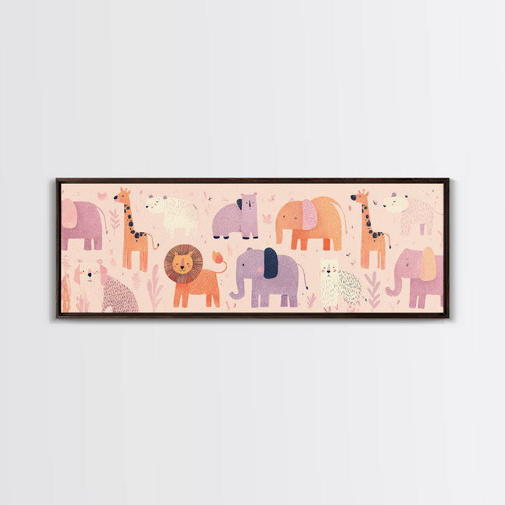 Pastel Jungle Animals Framed Canvas Print, Nursery Art, Wall Decor, Nursery Decor, Fine Art, Nursery, Playroom Decor, NUR-3x1-10