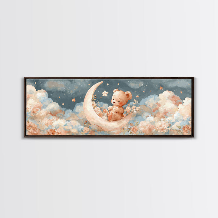 Baby Bear Floating on a Crescent Moon Canvas Print, Nursery Art, Boho Decor, Nursery Decor, Abstract Art, Nursery, NUR-3x1-22