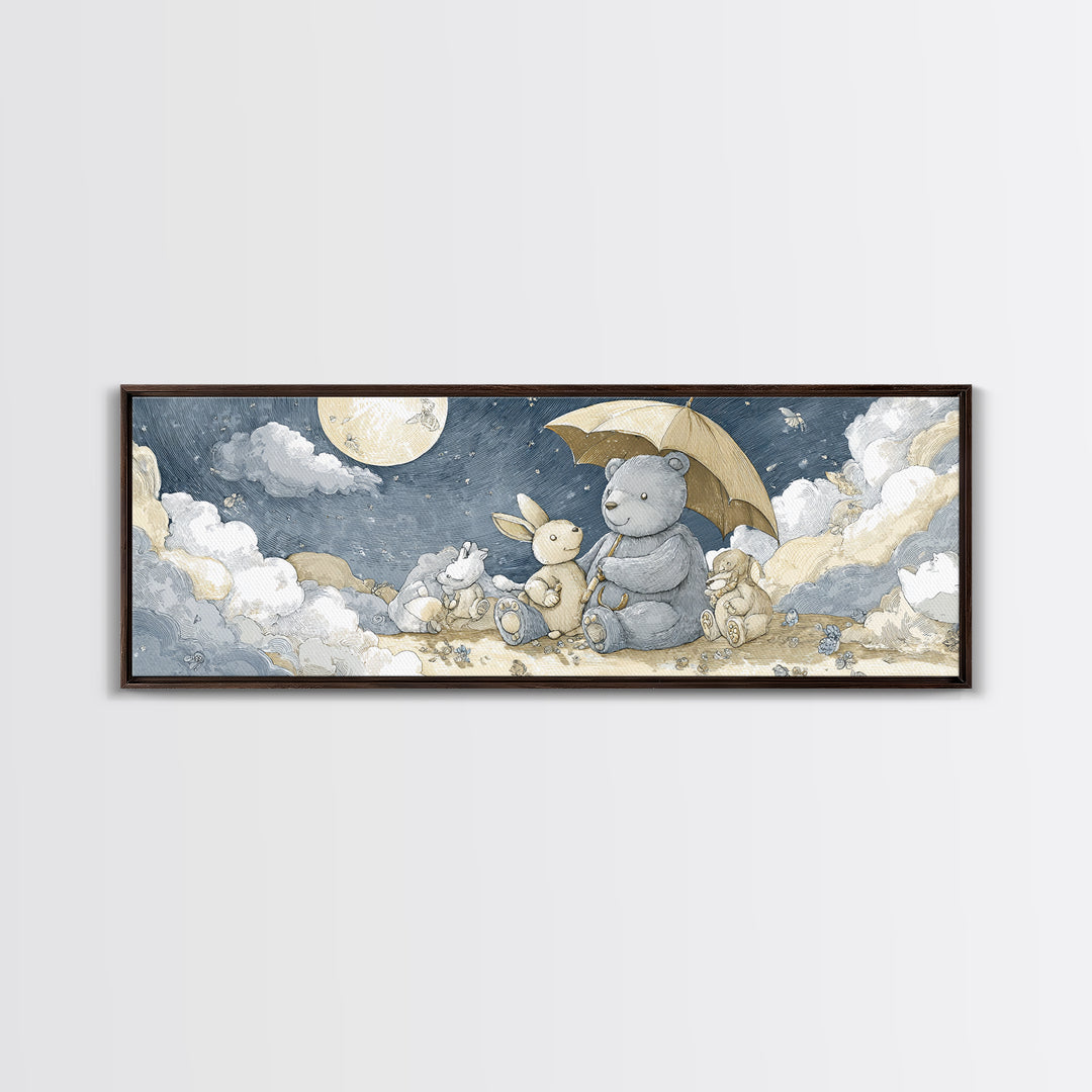 Bear and Rabbit Sharing Umbrella Canvas Print, Nursery Art, Girl Nursery Decor, Nursery Decor, Fine Art, Nursery, Kids Room Art, NUR-3x1-33