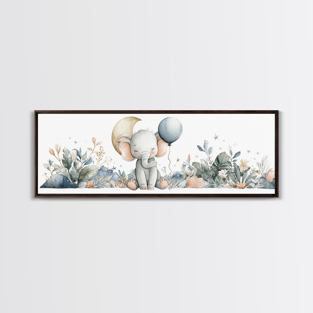 Sleepy Baby Elephant Holding a Tiny Balloon Canvas Print, Nursery Art, Playroom Wall Art, Nursery Decor, Watercolor Art, NUR-3x1-41