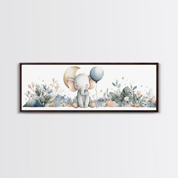 Sleepy Baby Elephant Holding a Tiny Balloon Canvas Print, Nursery Art, Playroom Wall Art, Nursery Decor, Watercolor Art, NUR-3x1-41