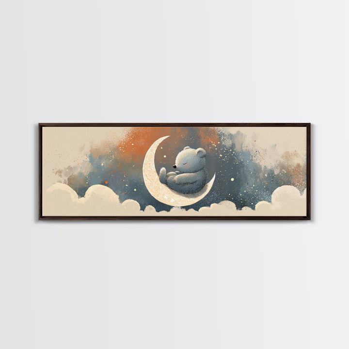 Baby Bear Floating on a Crescent Moon Canvas Print, Nursery Art, Girl Nursery Decor, Nursery Decor, Fine Art, Nursery, NUR-3x1-46