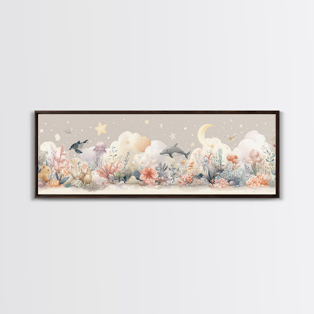 Friendly Ocean Creatures Framed Canvas Print, Nursery Art, Boho Decor, Nursery Decor, Fine Art, Nursery, Wall Hangings, NUR-3x1-64
