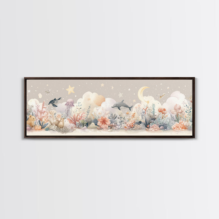 Friendly Ocean Creatures Framed Canvas Print, Nursery Art, Boho Decor, Nursery Decor, Fine Art, Nursery, Wall Hangings, NUR-3x1-64