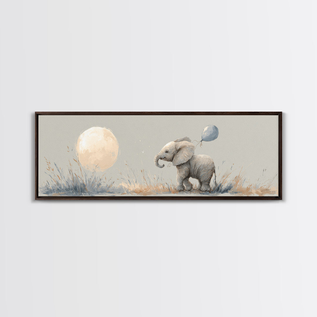 Sleepy Baby Elephant Holding a Tiny Balloon Canvas Print, Nursery Art, Playroom Wall Art, Nursery Decor, Watercolor Art, NUR-3x1-65