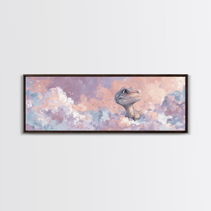 Tiny Dinosaur with Friendly Expression Framed Canvas Print, Nursery Art, Gallery Decor, Nursery Decor, Fine Art, Nursery, NUR-3x1-7