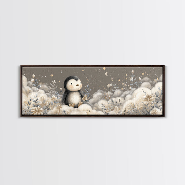 Penguin Holding a Little Heart Shape Framed Canvas Print, Nursery Art, Butterfly Wall Art, Nursery Decor, Fine Art, Nursery, NUR-3x1-74