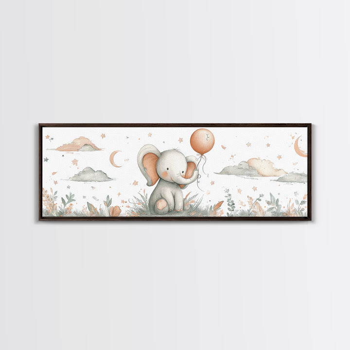 Sleepy Baby Elephant Holding a Tiny Balloon Framed Canvas Print, Nursery Art, Woodland Nursery Art, Nursery Decor, Oil Painting, NUR-3x1-89