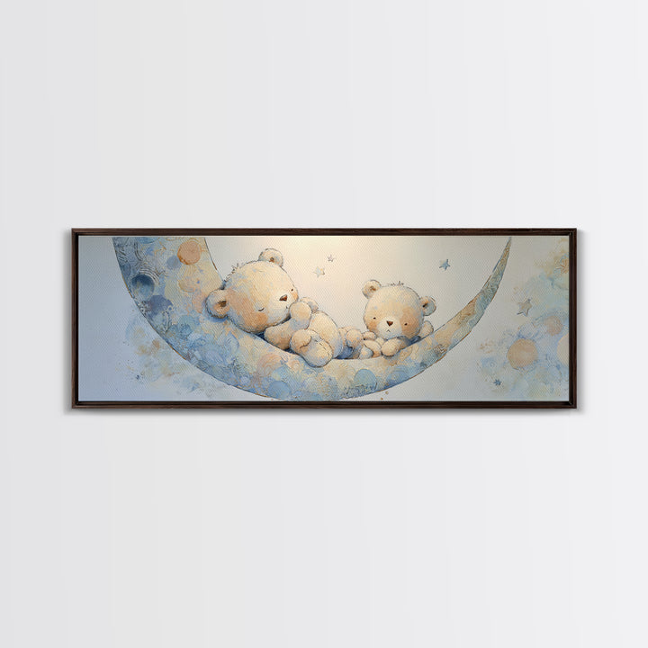 Baby Bear Floating on a Crescent Moon Canvas Print, Nursery Art, Digital Download Art, Nursery Decor, Watercolor Art, Nursery, NUR-3x1-94