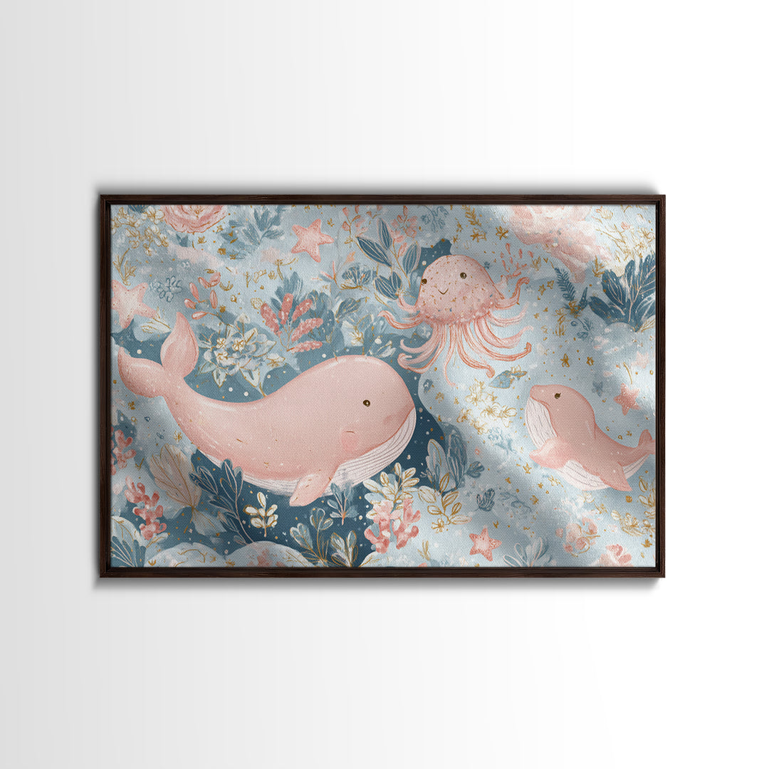 Friendly Ocean Creatures Framed Canvas Print, Nursery Art, Modern Decor, Nursery Decor, Fine Art, Nursery, Art Print, NUR-3x2-100