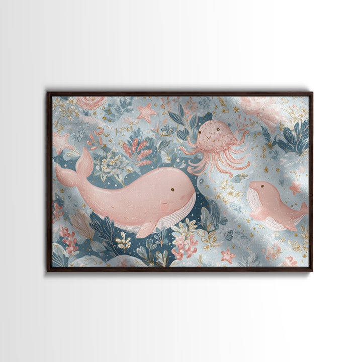 Friendly Ocean Creatures Framed Canvas Print, Nursery Art, Modern Decor, Nursery Decor, Fine Art, Nursery, Art Print, NUR-3x2-100