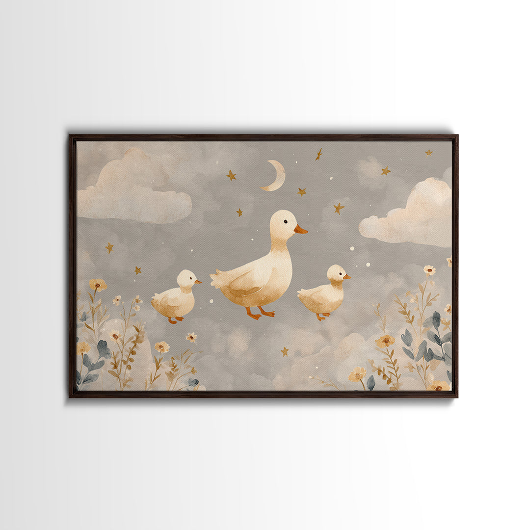 Ducklings Following a Mother Duck Framed Canvas Print, Nursery Art, Printable Art, Nursery Decor, Nursery, Watercolor Print, NUR-3x2-18