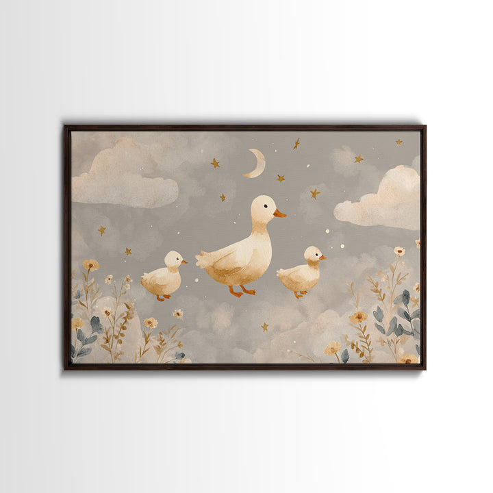 Ducklings Following a Mother Duck Framed Canvas Print, Nursery Art, Printable Art, Nursery Decor, Nursery, Watercolor Print, NUR-3x2-18