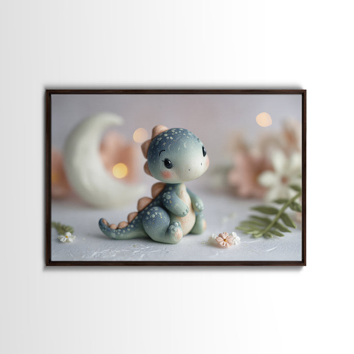 Tiny Dinosaur with Friendly Expression Framed Canvas Print, Nursery Art, Playroom Wall Art, Nursery Decor, Fine Art, Nursery, NUR-3x2-19