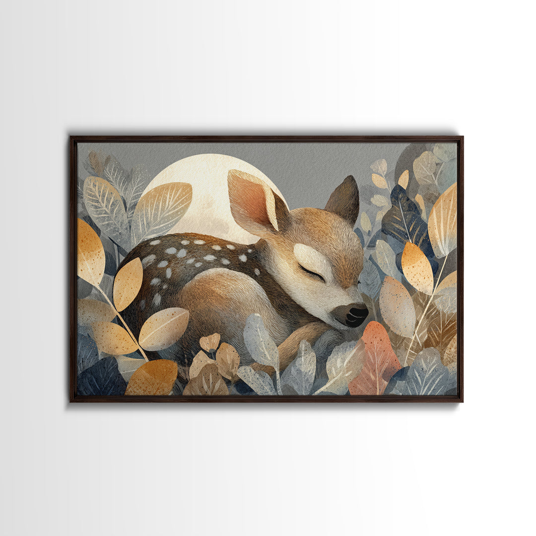 Deer Fawn Sleeping Framed Canvas Print, Nursery Art, Woodland Nursery, Nursery Decor, Fine Art, Nursery, Gallery Decor, NUR-3x2-27