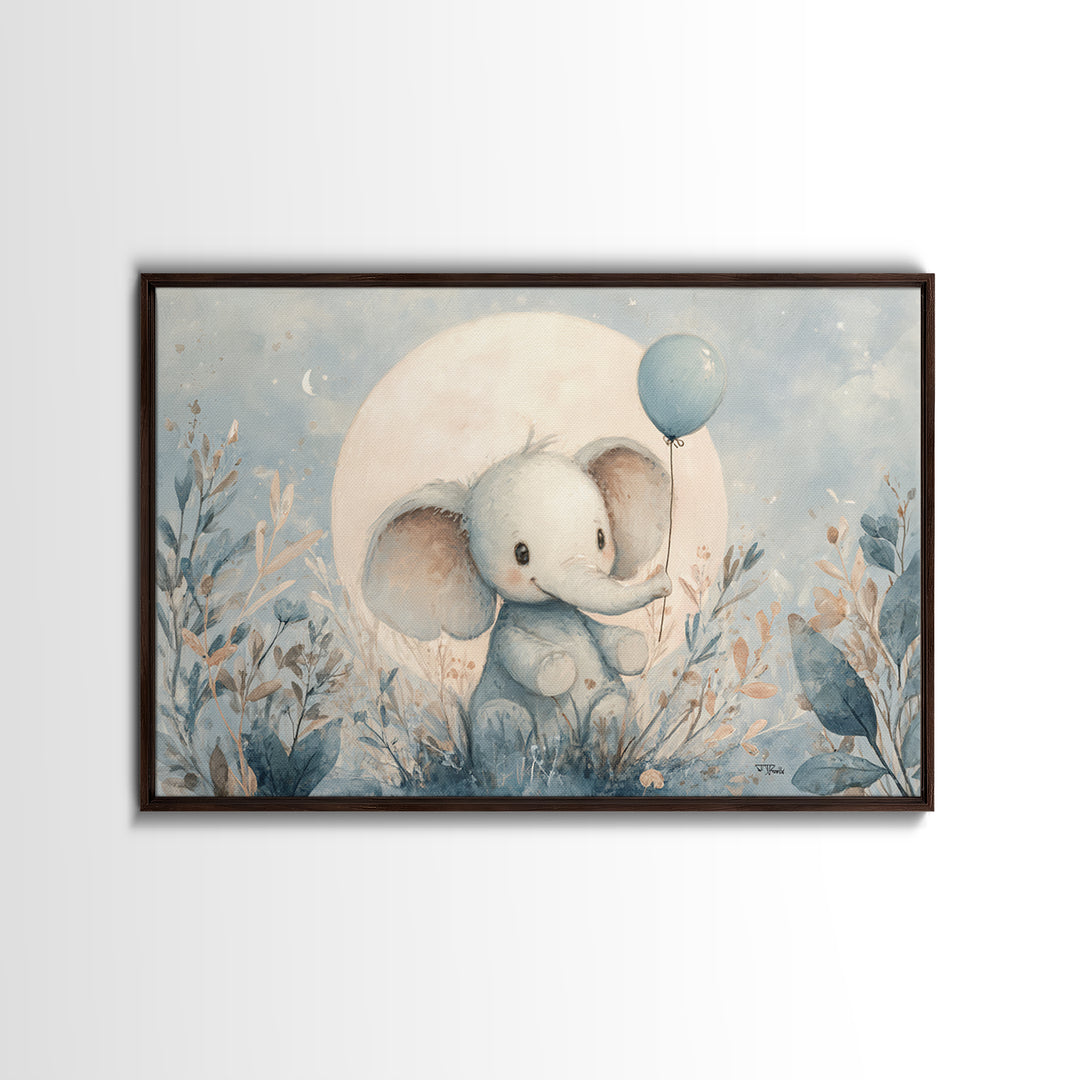 Sleepy Baby Elephant Holding a Tiny Balloon Canvas Print, Nursery Art, Kids Wall Decor, Nursery Decor, Fine Art, Nursery, NUR-3x2-29
