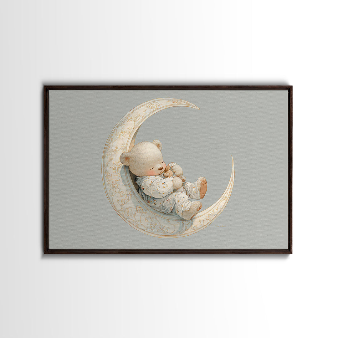 Baby Bear Floating on a Crescent Moon Canvas Print, Nursery Art, Digital Download Art, Nursery Decor, Watercolor Art, Nursery, NUR-3x2-34