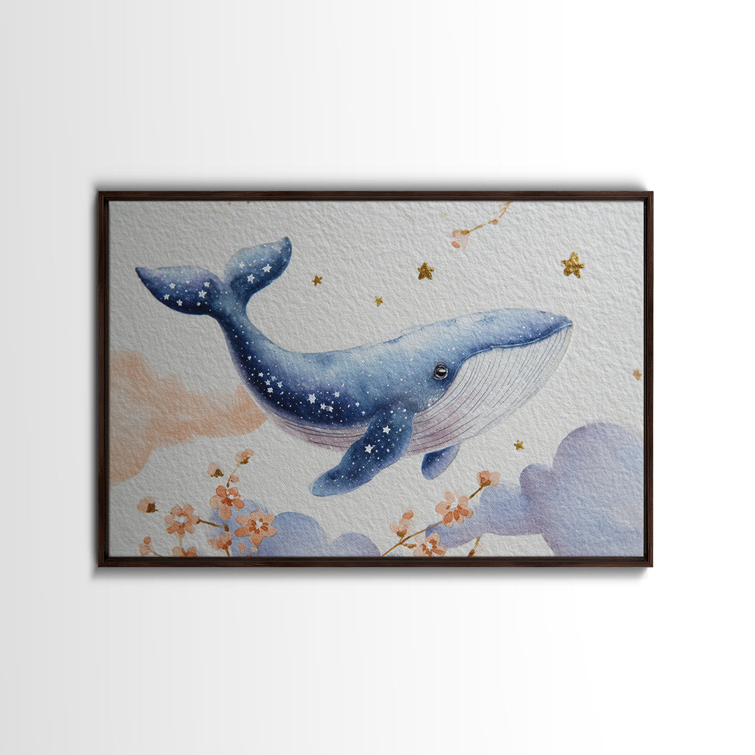 Whale and Tiny Stars Framed Canvas Print, Nursery Art, Kids Wall Art, Nursery Decor, Fine Art, Nursery, Gallery Decor, NUR-3x2-36