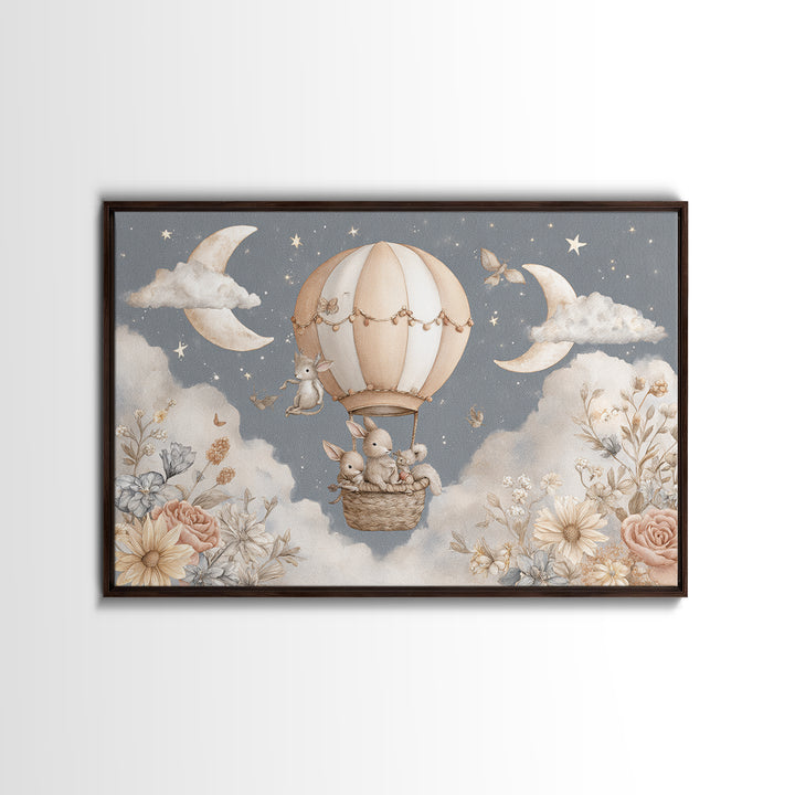 Floating Hot Air Balloon Framed Canvas Print, Nursery Art, Woodland Nursery, Nursery Decor, Oil Painting, Nursery, NUR-3x2-40