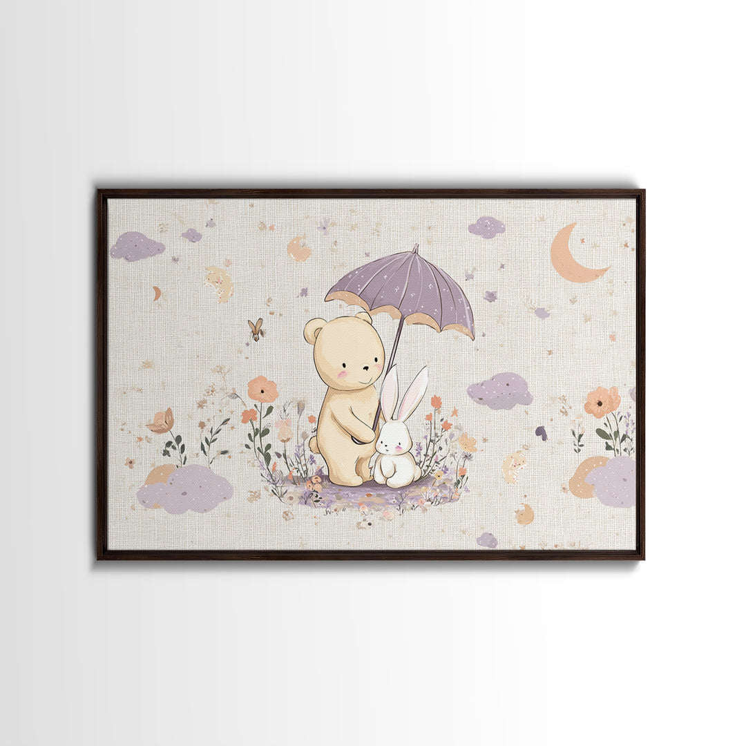 Bear and Rabbit Sharing Umbrella Framed Canvas Print, Nursery Art, Playroom Wall Art, Nursery Decor, Fine Art, Nursery, NUR-3x2-45