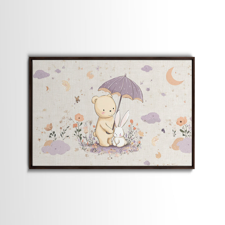 Bear and Rabbit Sharing Umbrella Framed Canvas Print, Nursery Art, Playroom Wall Art, Nursery Decor, Fine Art, Nursery, NUR-3x2-45