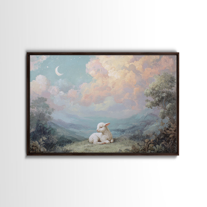 Little Lamb under a Starry Sky Framed Canvas Print, Nursery Art, Room Decor, Nursery Decor, Oil Painting, Nursery, NUR-3x2-47