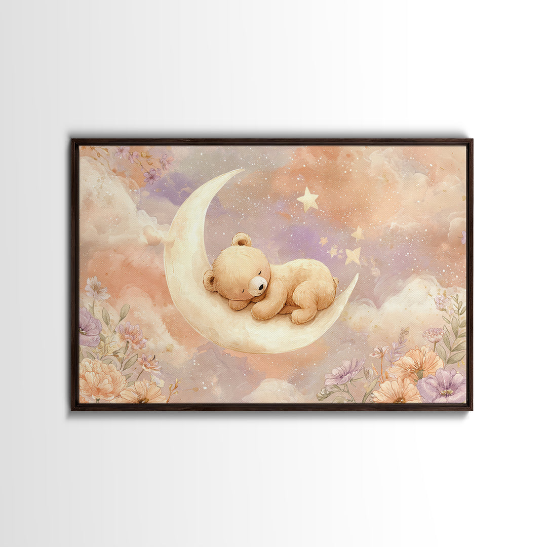 Baby Bear Floating on a Crescent Moon Canvas Print, Nursery Art, Digital Download Art, Nursery Decor, Watercolor Art, Nursery, NUR-3x2-58