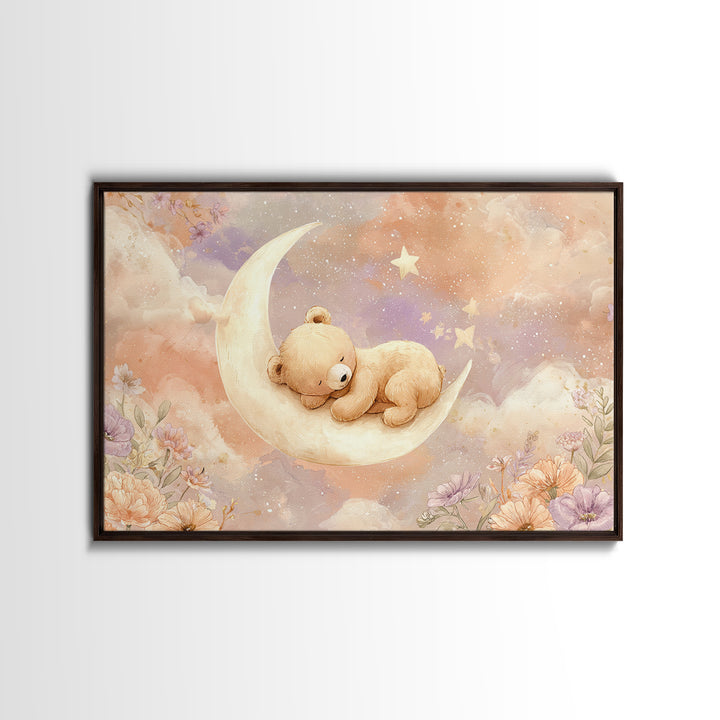 Baby Bear Floating on a Crescent Moon Canvas Print, Nursery Art, Digital Download Art, Nursery Decor, Watercolor Art, Nursery, NUR-3x2-58