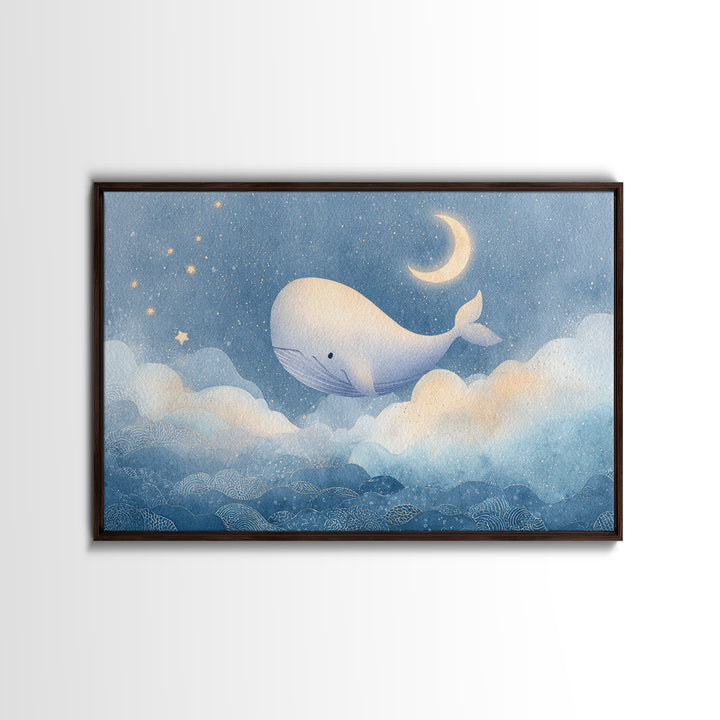 Whale and Tiny Stars Framed Canvas Print, Nursery Art, Whimsical Wall Art, Nursery Decor, Fine Art, Nursery, Minimalist Decor, NUR-3x2-60