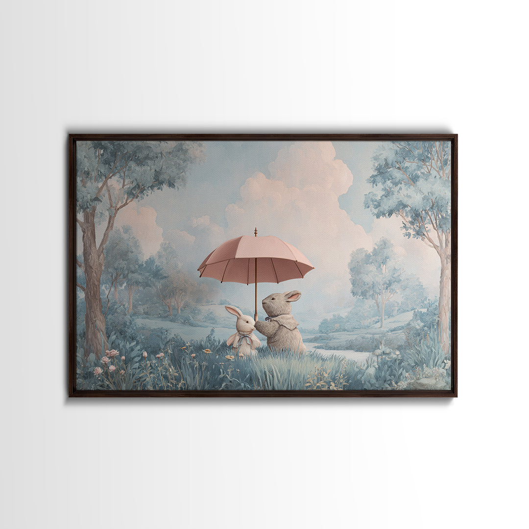 Bear and Rabbit Sharing Umbrella Framed Canvas Print, Nursery Art, Playroom Wall Art, Nursery Decor, Fine Art, Nursery, NUR-3x2-69
