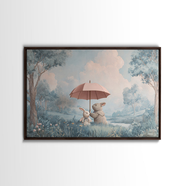Bear and Rabbit Sharing Umbrella Framed Canvas Print, Nursery Art, Playroom Wall Art, Nursery Decor, Fine Art, Nursery, NUR-3x2-69