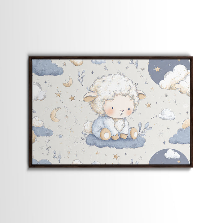 Little Lamb under a Starry Sky Framed Canvas Print, Nursery Art, Kids Wall Art, Nursery Decor, Watercolor Art, Nursery, NUR-3x2-71