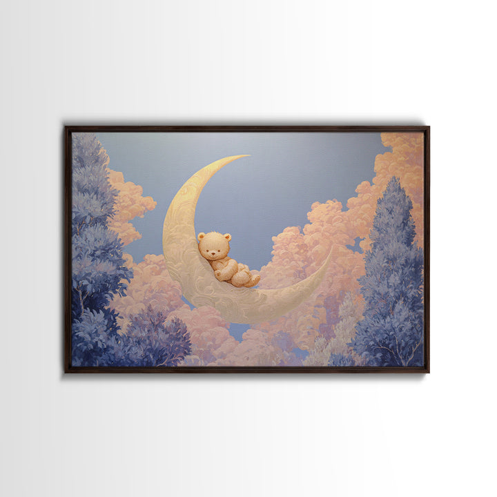 Baby Bear Floating on a Crescent Moon Framed Canvas Print, Nursery Art, Playroom Wall Art, Nursery Decor, Oil Painting, Nursery, NUR-3x2-82