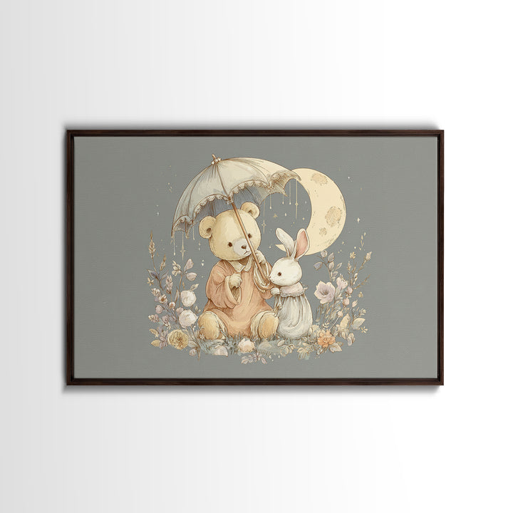 Bear and Rabbit Sharing Umbrella Canvas Print, Nursery Art, Woodland Nursery Art, Nursery Decor, Fine Art, Nursery, NUR-3x2-93