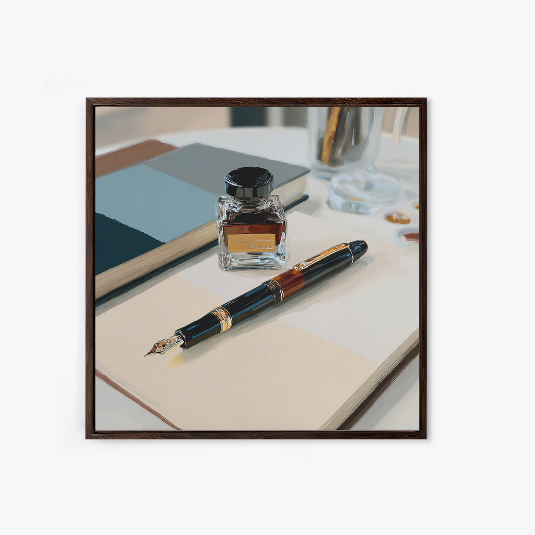 Fountain Pen and Notebook Still Life Without Canvas Print, Office Art, Ai Art, Office Decor, Oil Painting, Focus, OFF-1x1-22