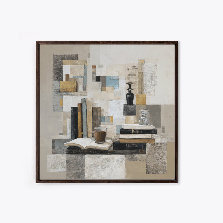 Books and Coffee Still Life Framed Canvas Print, Office Art, Statement Artwork, Office Decor, Abstract Art, Focus, Wall Decor, OFF-1x1-57