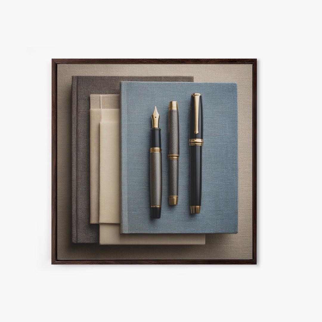 Fountain Pen and Notebook Still Life Without Framed Canvas Print, Office Art, Dopamine Decor, Office Decor, Fine Art, Focus, OFF-1x1-70