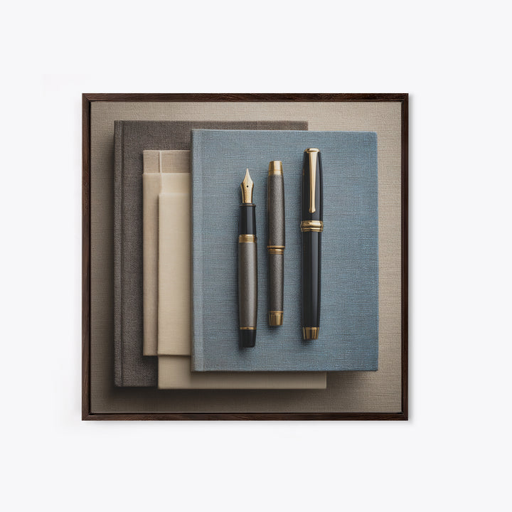 Fountain Pen and Notebook Still Life Without Framed Canvas Print, Office Art, Dopamine Decor, Office Decor, Fine Art, Focus, OFF-1x1-70