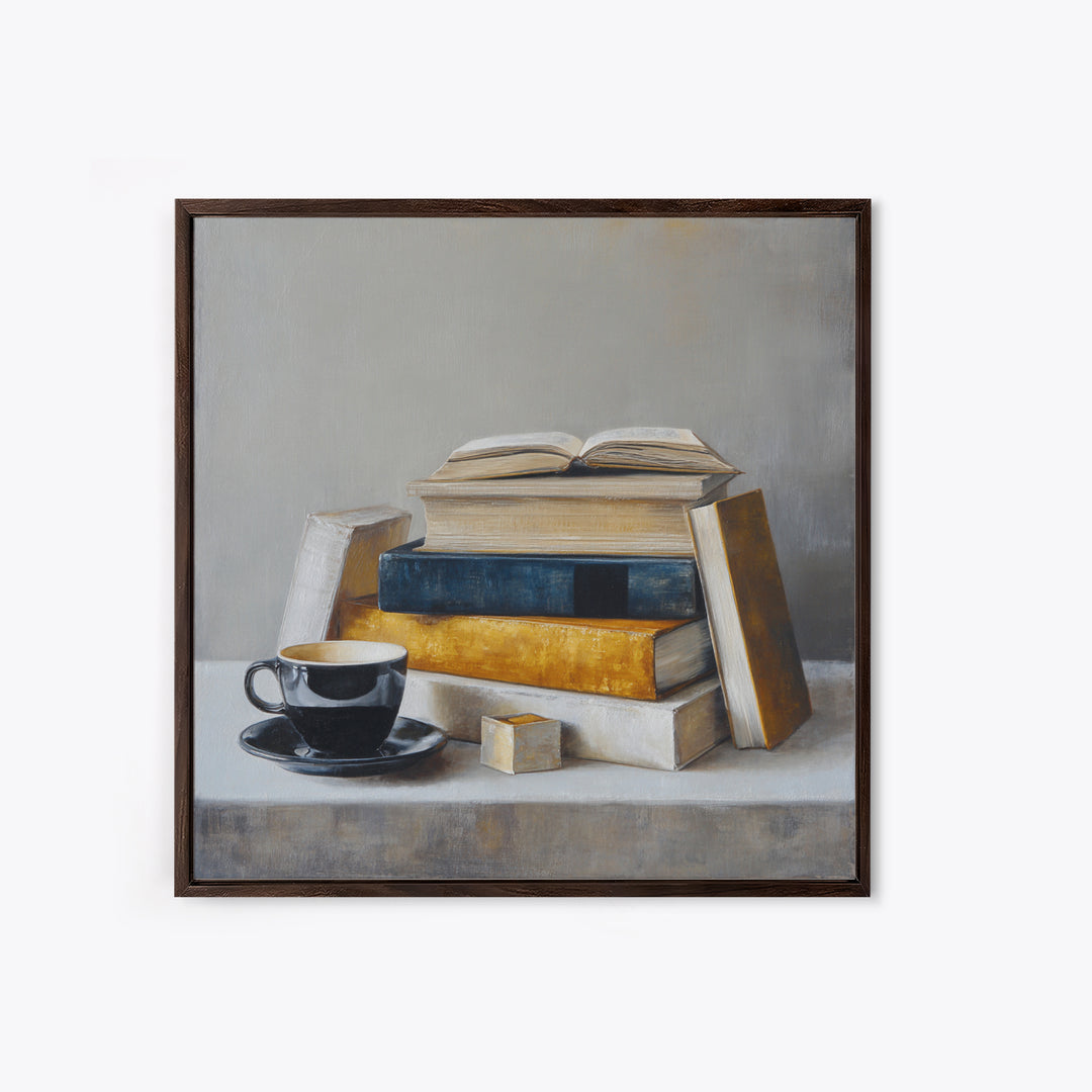 Books and Coffee Still Life Canvas Print, Office Art, Textured Painting, Office Decor, Focus, Printables, Digital Wall Art, OFF-1x1-81