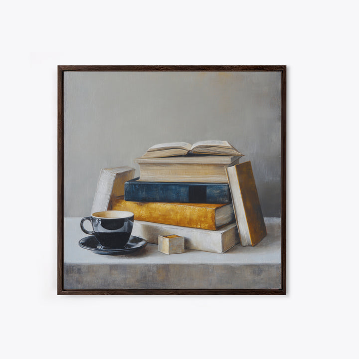 Books and Coffee Still Life Canvas Print, Office Art, Textured Painting, Office Decor, Focus, Printables, Digital Wall Art, OFF-1x1-81